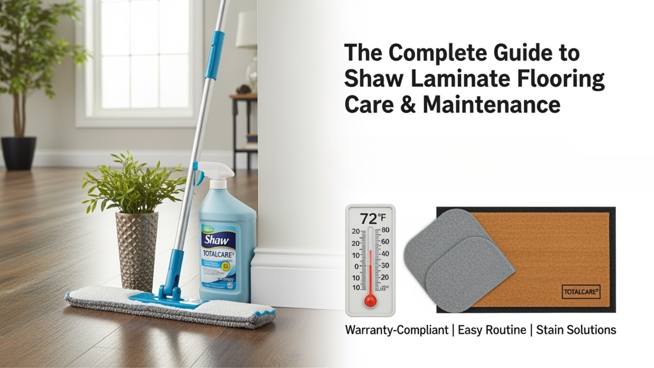Shaw laminate flooring care setup with Shaw TotalCare cleaner, microfiber mop, temperature gauge at 72°F, entry mat, and indoor plant—highlighting warranty-compliant and easy maintenance routine.