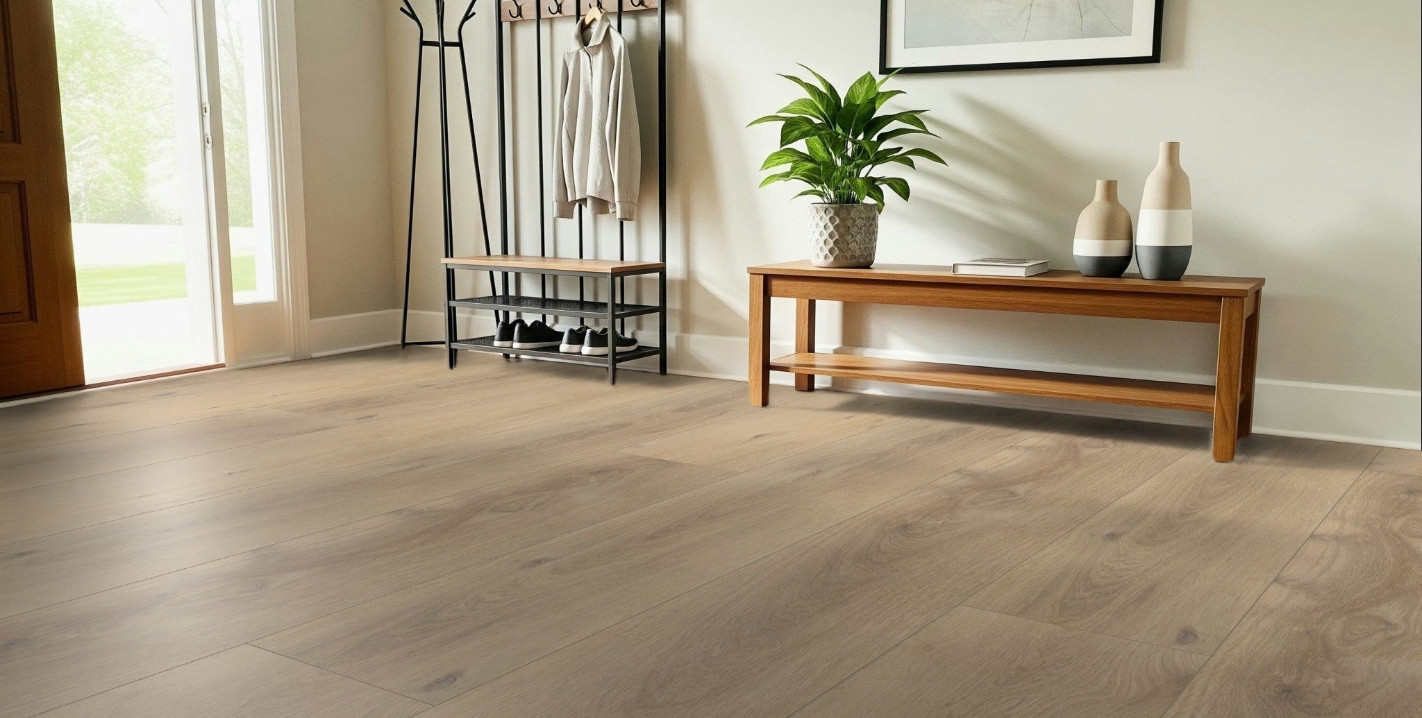 COREtec Pro Enhanced Ravenswood Oak flooring in a bright USA-style entryway with console table and natural light.