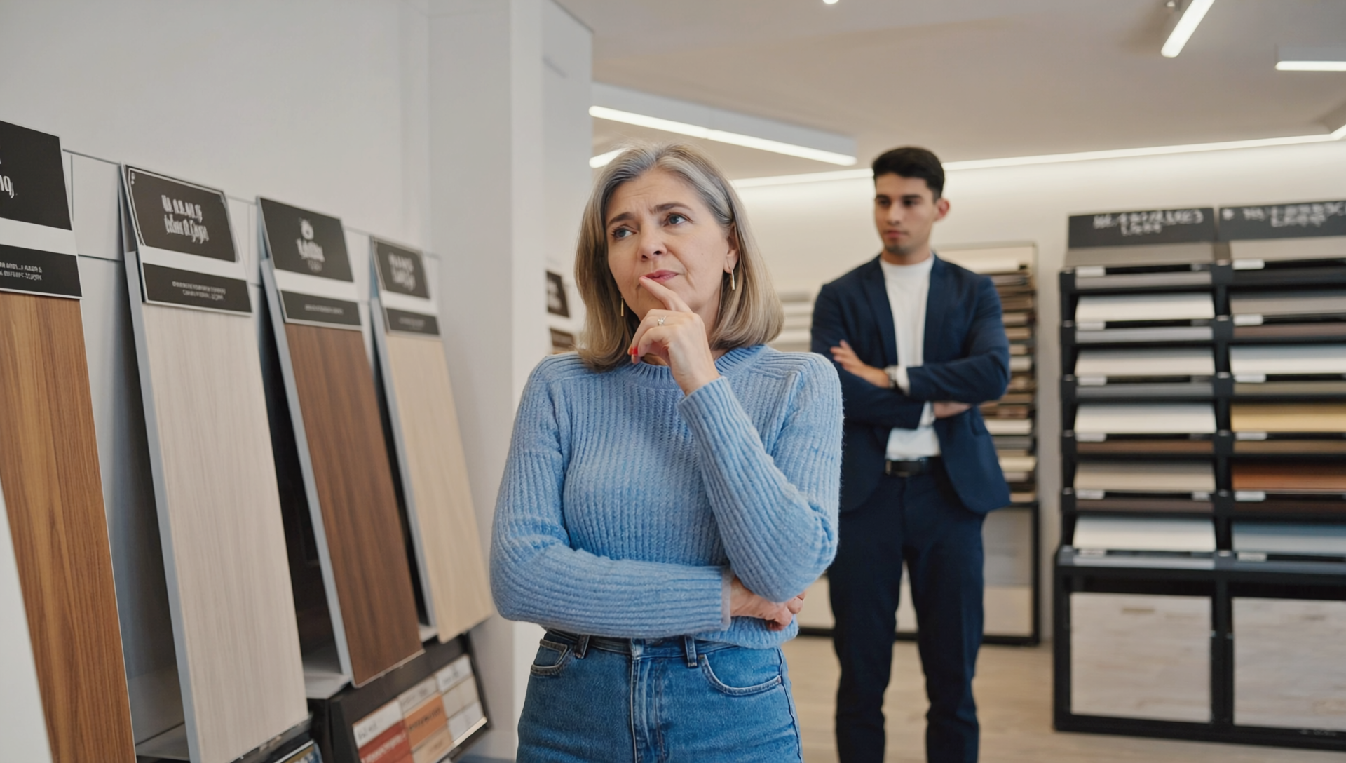 Two people in a showroom with a variety of flooring samples on display.