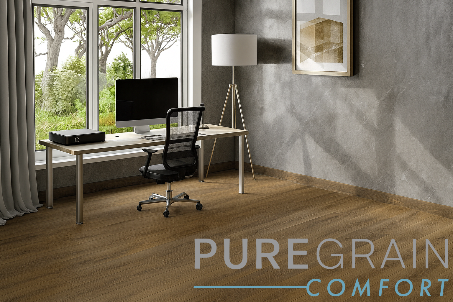 Engineered Floors PureGrain Comfort flooring in a modern home office with large windows, desk, and neutral gray walls.