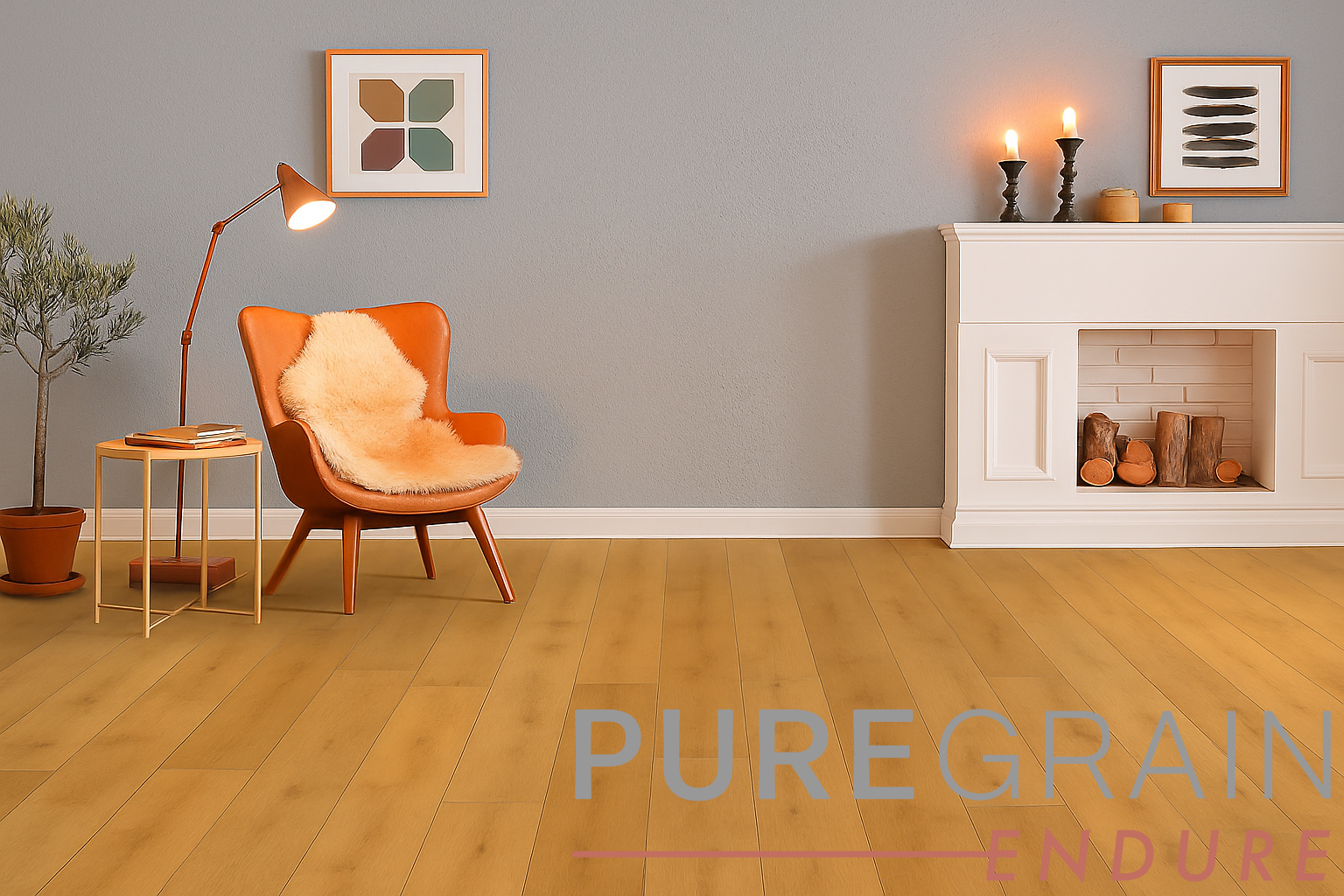 Engineered Floors PureGrain Endure flooring in a cozy living space with accent chair, fireplace, and soft lighting.