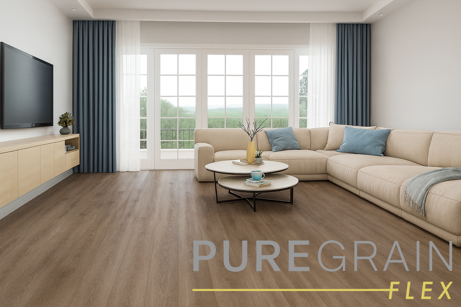 Engineered Floors PureGrain Flex flooring in a bright living room with sectional sofa, coffee tables, and French doors.