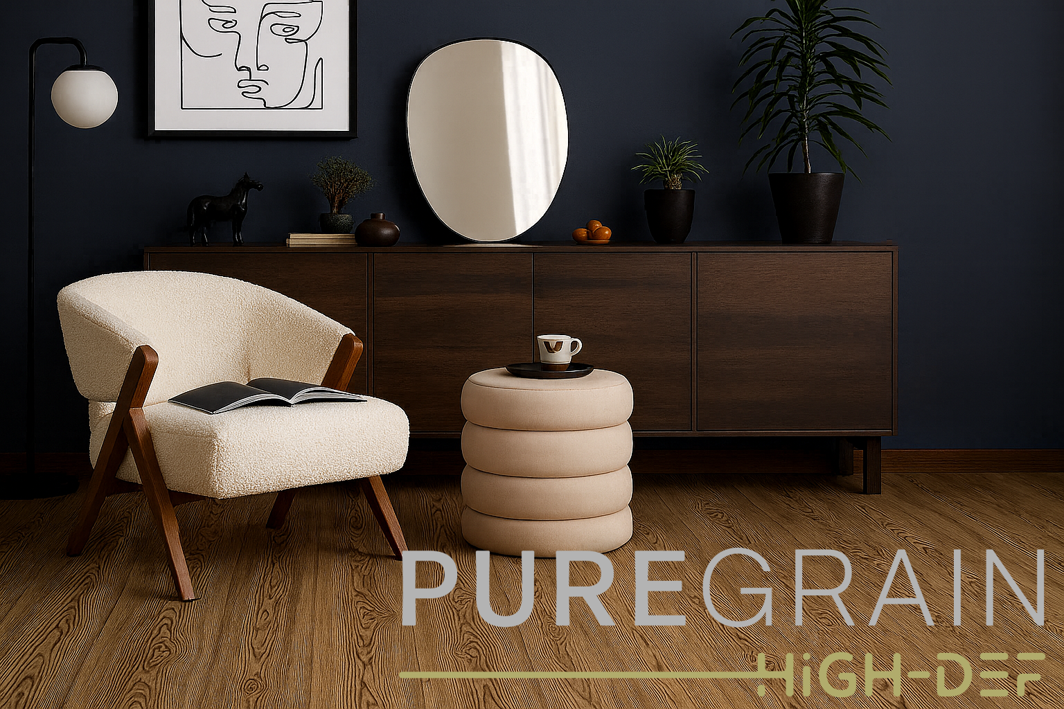 Engineered Floors PureGrain High-Def flooring in a modern lounge with cream accent chair, dark wood console, and navy wall décor.