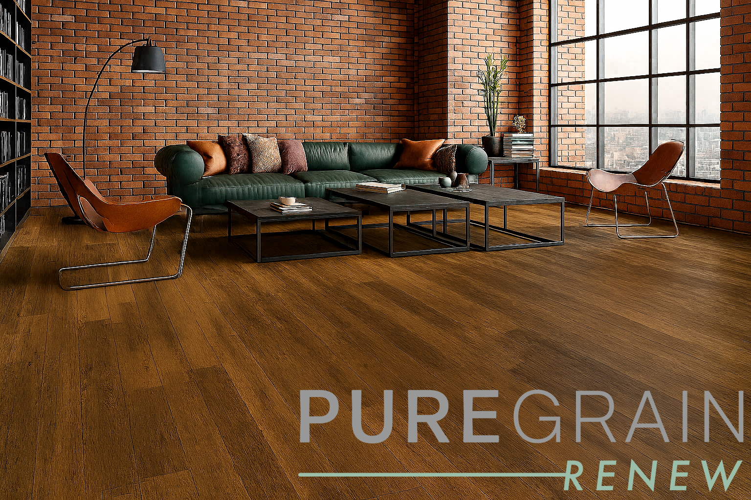 Engineered Floors PureGrain Renew flooring in an industrial loft living room with brick walls, large windows, and modern furniture