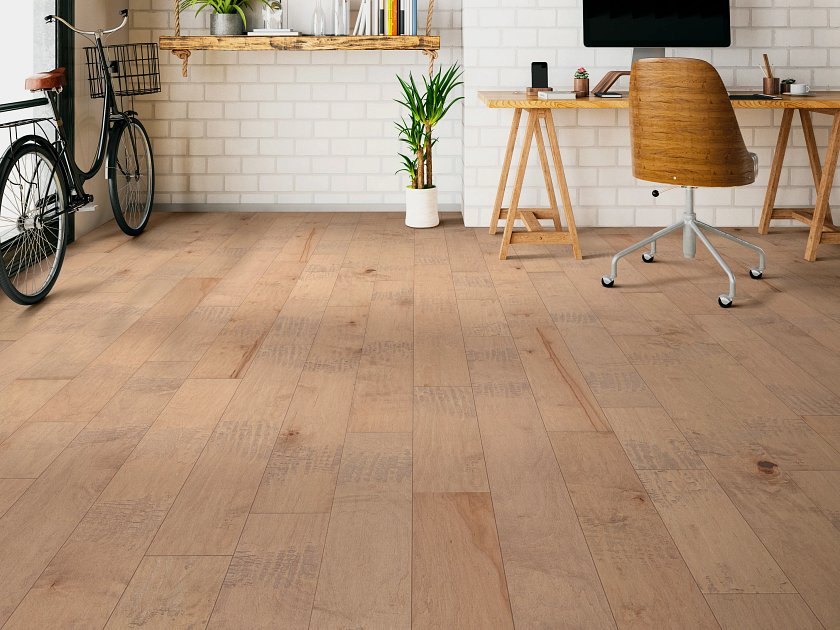 Shaw Yukon Maple 6 3/8 Canvass Lg engineered hardwood flooring photographed in a living room, pairing natural wood hardwood with the furniture layout.