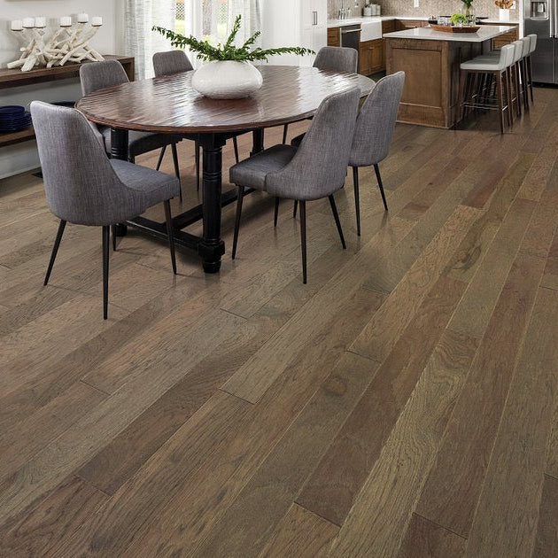 Shaw High Plains 5 Hide engineered hardwood flooring shown across a living room, highlighting a natural wood hardwood look.