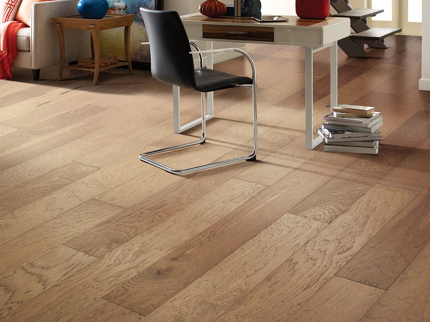 Living room room view with Shaw Alpine Hickory Red Clay engineered hardwood flooring in a natural wood hardwood finish.