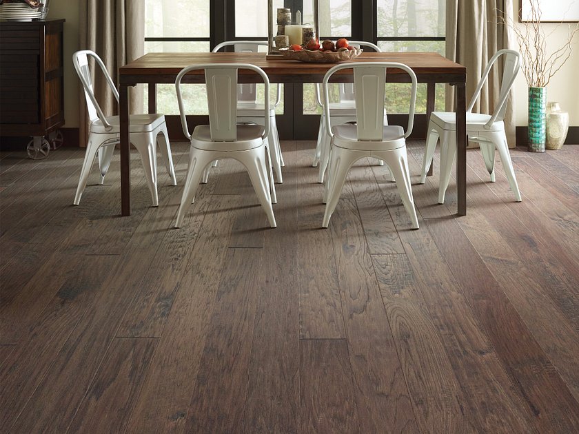 Living room room view with Shaw Pebble Hill Hickory 5 Pumice engineered hardwood flooring in a soft taupe hardwood finish.