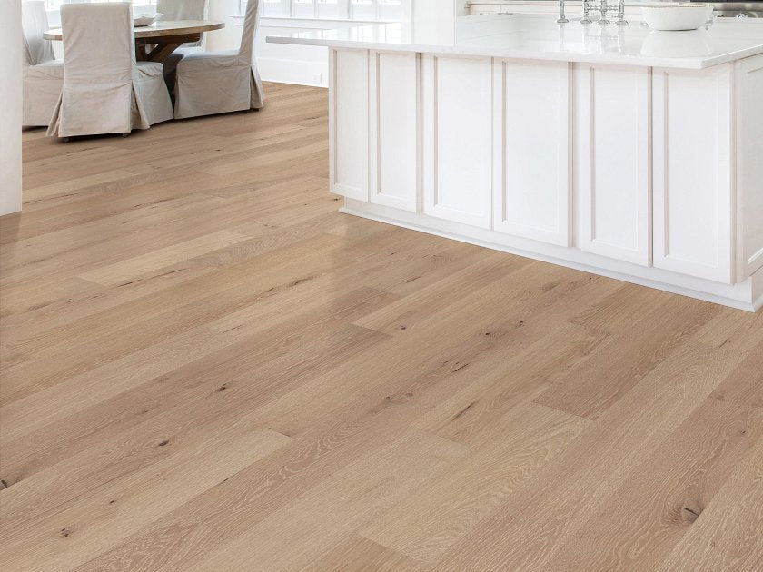 Living room room view with Shaw Utmost Purpose engineered hardwood flooring in a natural wood hardwood finish.