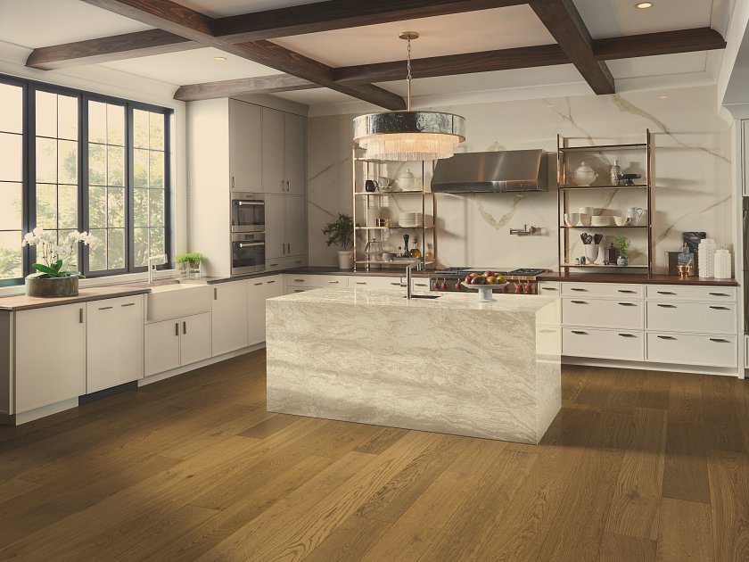 Shaw Utmost Intent engineered hardwood flooring shown across a living room, highlighting a natural wood hardwood look.