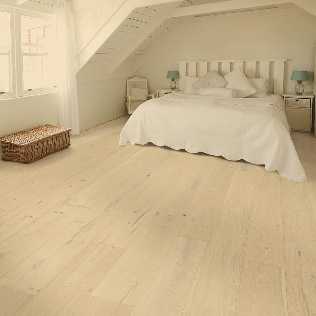 Shaw Expressions 9.5 Allegory engineered hardwood flooring shown across a living room, highlighting a natural wood hardwood look.