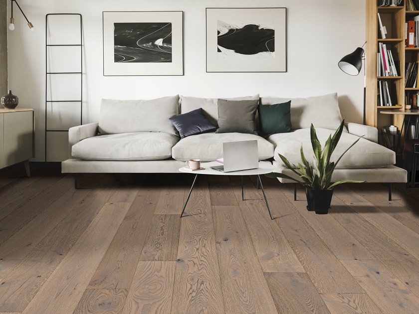 Shaw Expressions 9.5 Finesse engineered hardwood flooring shapes this living room with natural wood color around the furniture layout.