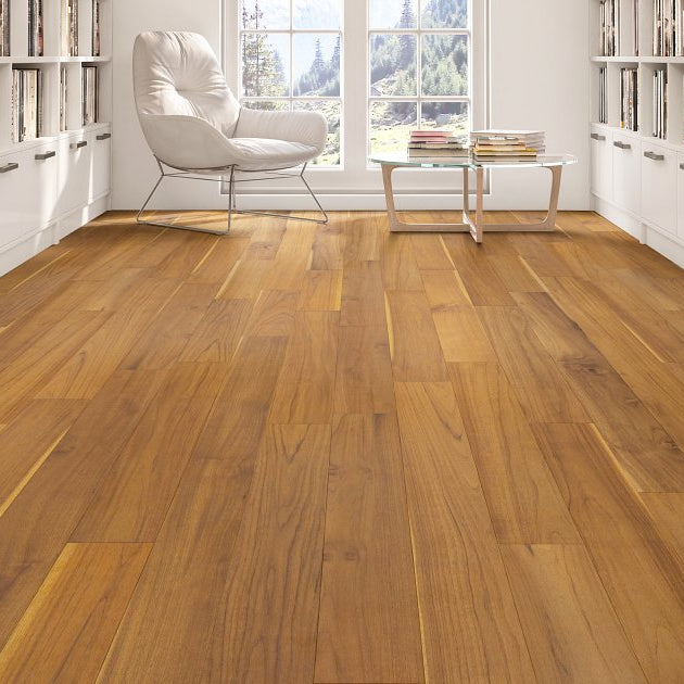 Shaw Regatta Teak 6.5 Mainsail engineered hardwood flooring in a living room, with natural wood color giving the room a welcoming finished look.