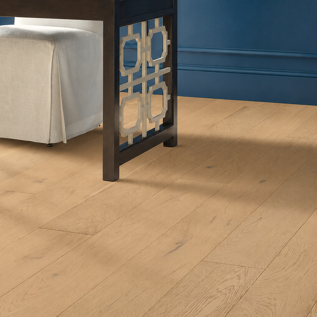 Living room view of Shaw Ensemble Champagne engineered hardwood flooring, showing natural wood hardwood color near the furniture layout.