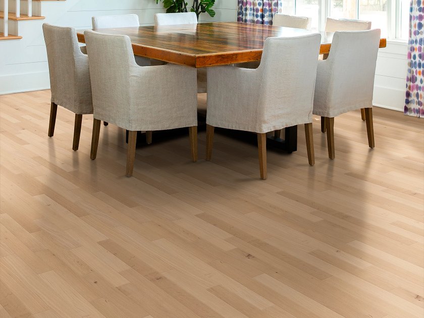 Shaw Natural Classics White Oak engineered hardwood flooring gives this living room a calm look, with brown color around the furniture layout.
