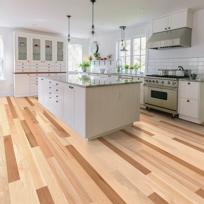 Shaw Natural Classics Hickory engineered hardwood flooring adds brown hardwood character to this living room setting.