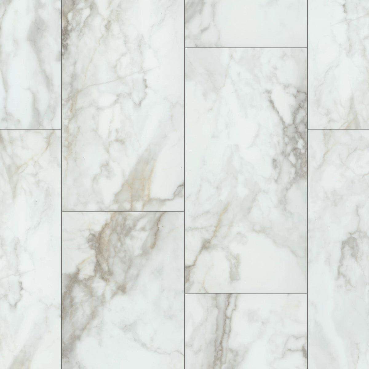 Compared with softly mottled stone looks, Shaw Paragon Tile Plus Calacatta 1022V-01100 has pronounced marble-like branching veins that vary across white rectangular tiles.