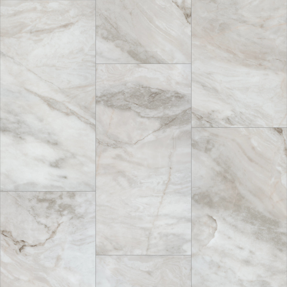 Silvery tones flow through Shaw Paragon Tile Plus Catalina 1022V-01109, broken by soft taupe accents and sweeping marble-style patterns across the tile grid.
