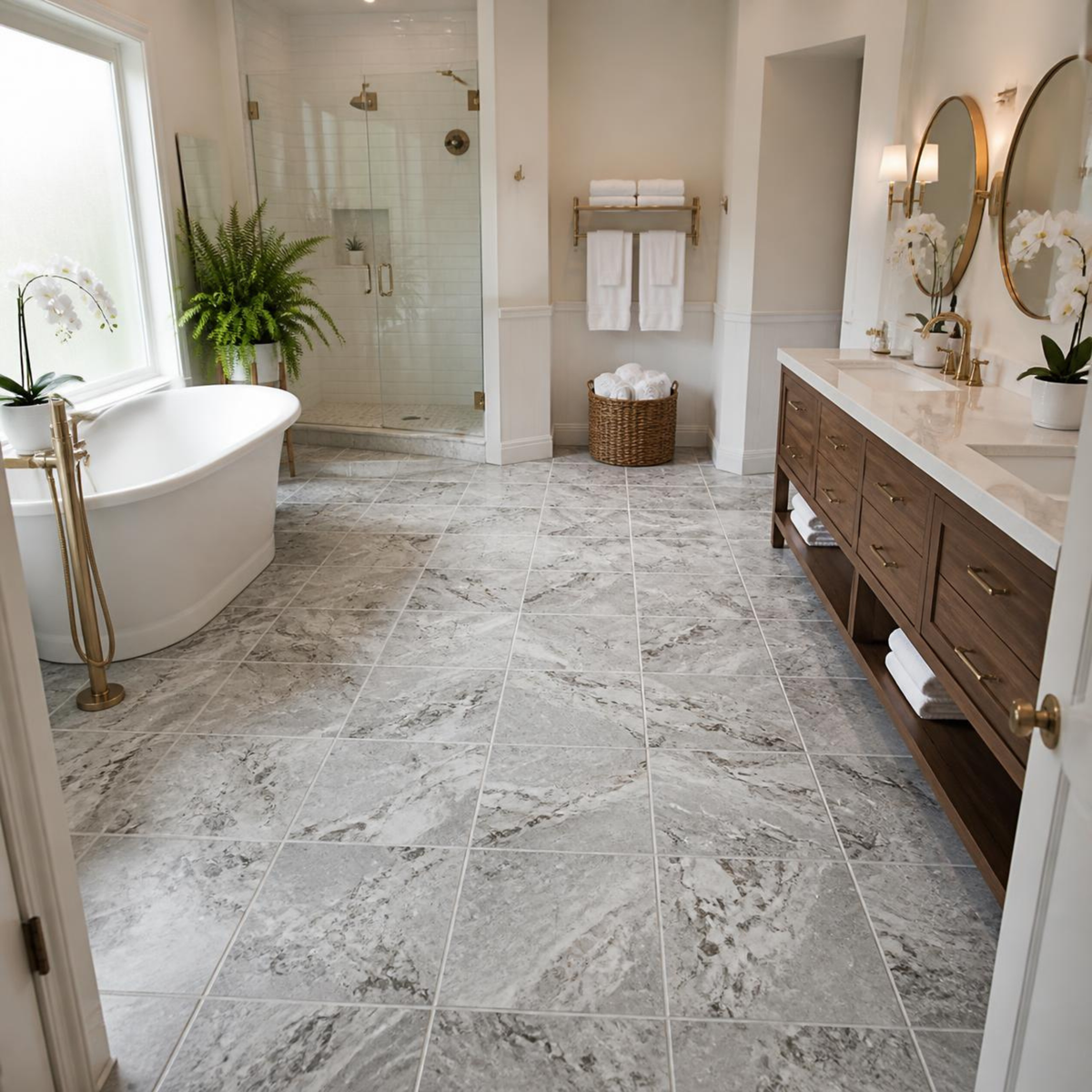 Primary bathroom with a freestanding tub, walnut double vanity, brass mirrors and a glass walk-in shower over Armstrong Alterna Muslin Grey D4014 16x16 vinyl tile flooring.