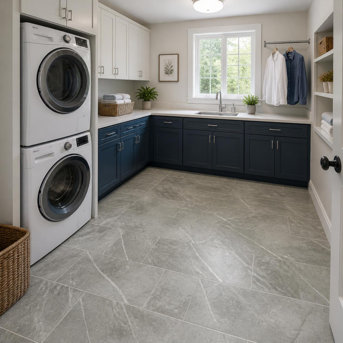 Laundry room with navy cabinets, stacked washer and dryer, a window sink and a wicker basket over Armstrong Alterna Terra D7378 12x24 vinyl tile flooring.