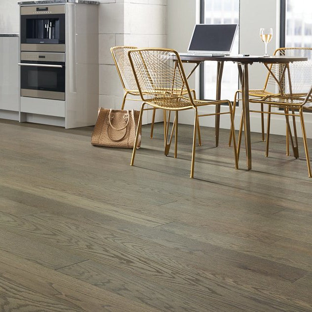 Shaw Sanctuary Oak Hearth engineered hardwood flooring brings natural wood wood tone to this calm kitchen room view.