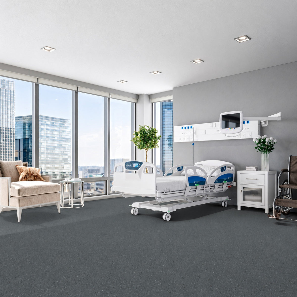 Armstrong Medintone Rich Gray sheet vinyl, a deep charcoal gray with a fine speckle, in a hospital patient room with a medical bed, visitor armchair and city-view windows.