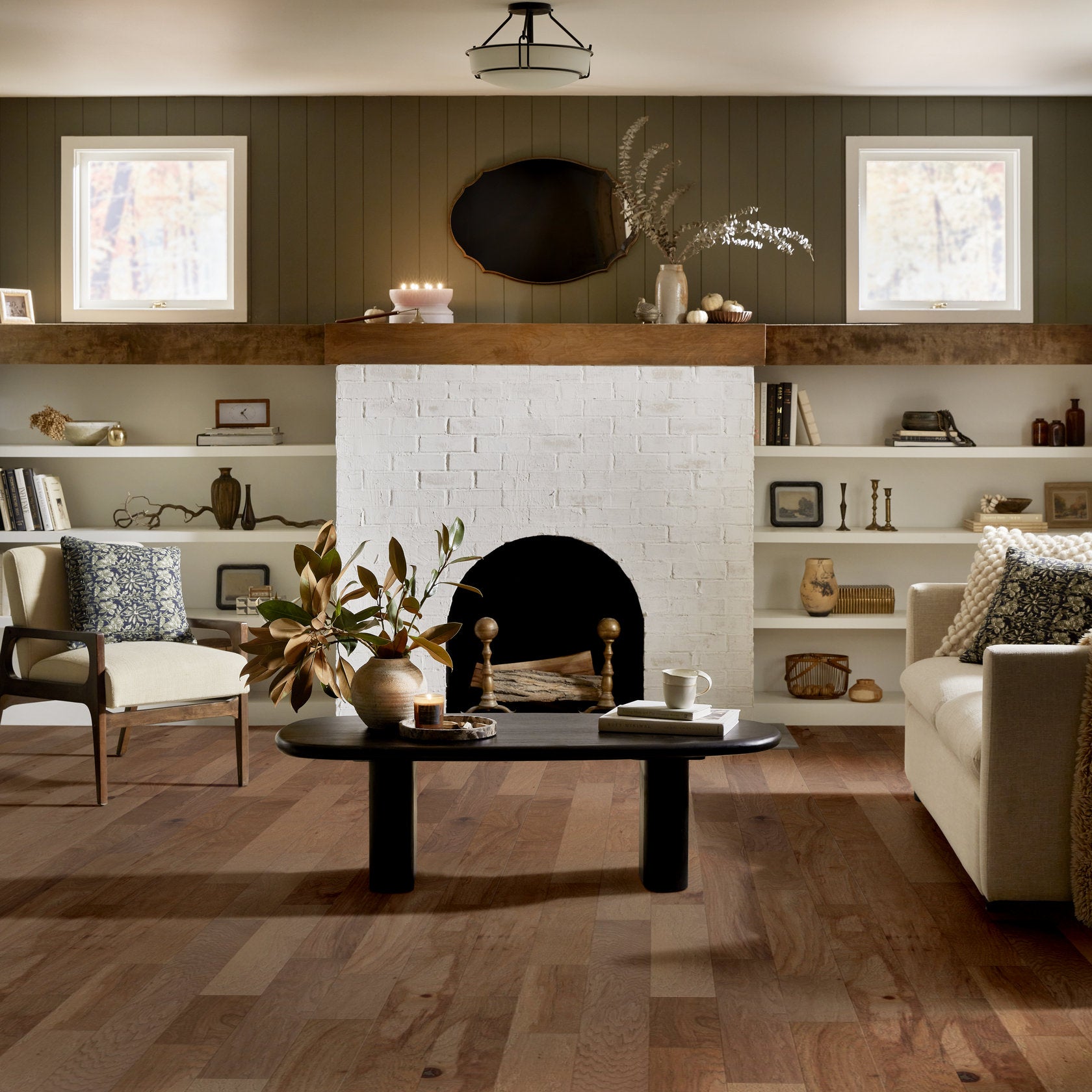 Shaw Northington Brushed Burlap engineered hardwood flooring adds brown hardwood character to this living room setting.