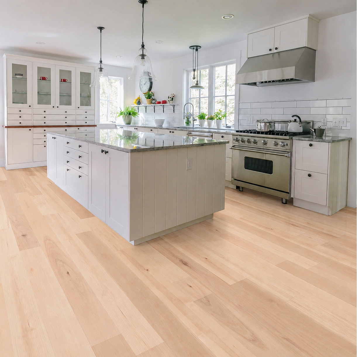 Living room view of Shaw Natural Classics Hickory engineered hardwood flooring, showing natural wood hardwood color near the furniture layout.