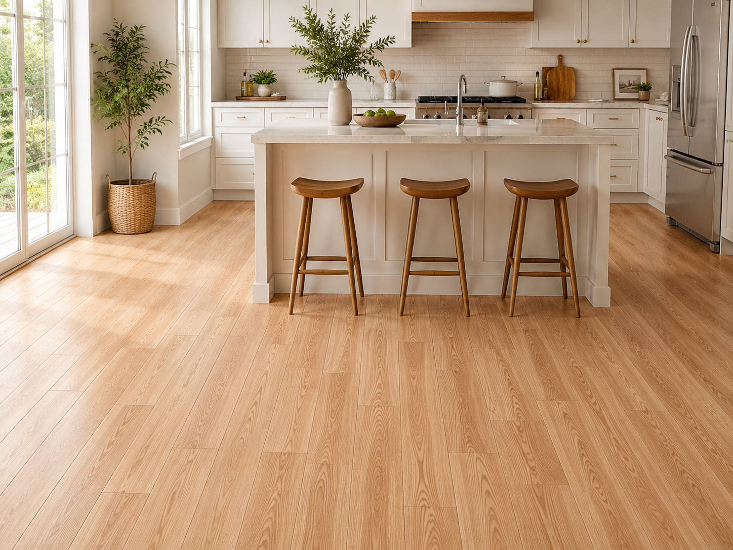 Shaw Natural Classics Red Oak engineered hardwood flooring photographed in a living room, pairing brown hardwood with the furniture layout.