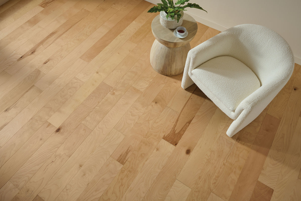 Overhead reading area with a white boucle chair on blond Light Natural planks from Armstrong hardwood, LM22B-283W