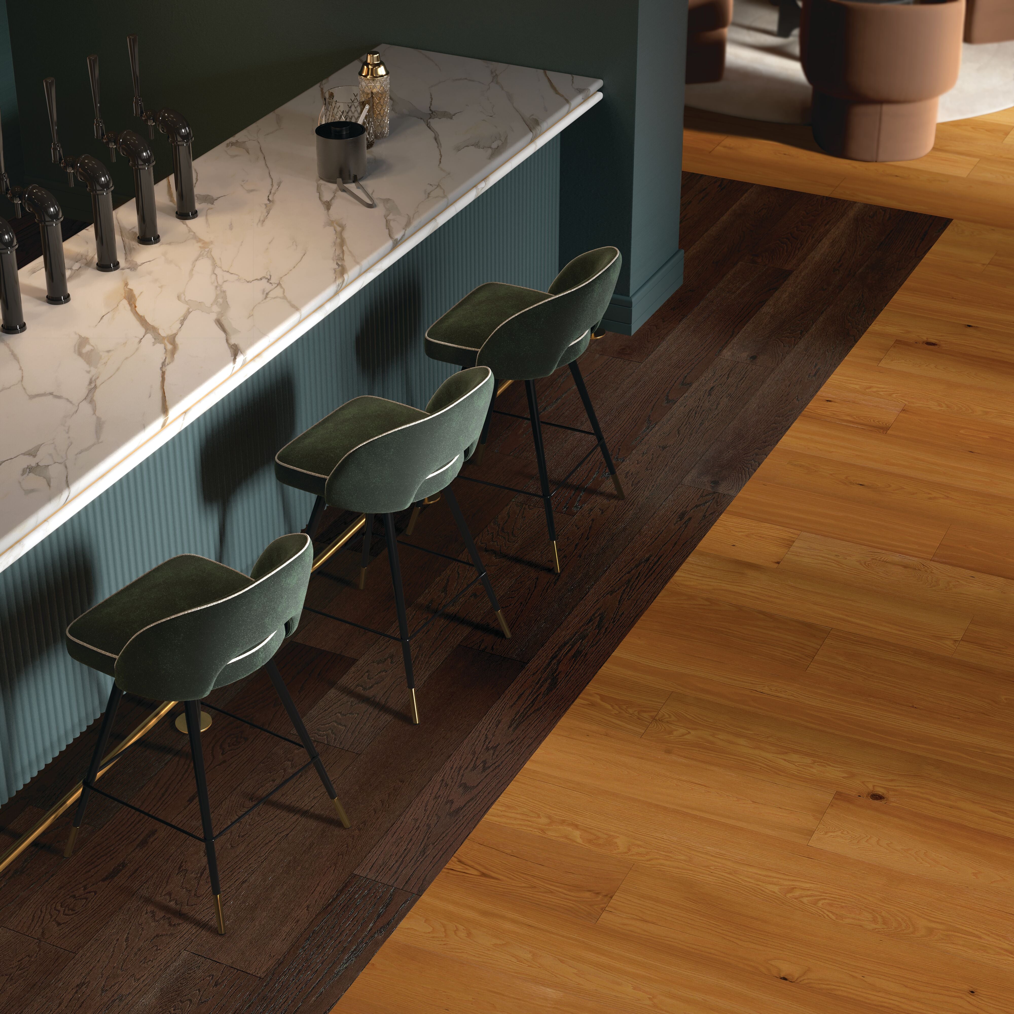 Overhead marble bar with green stools and deep Nightshade planks forming a dark inlay from Armstrong hardwood SKU EK7CP488W