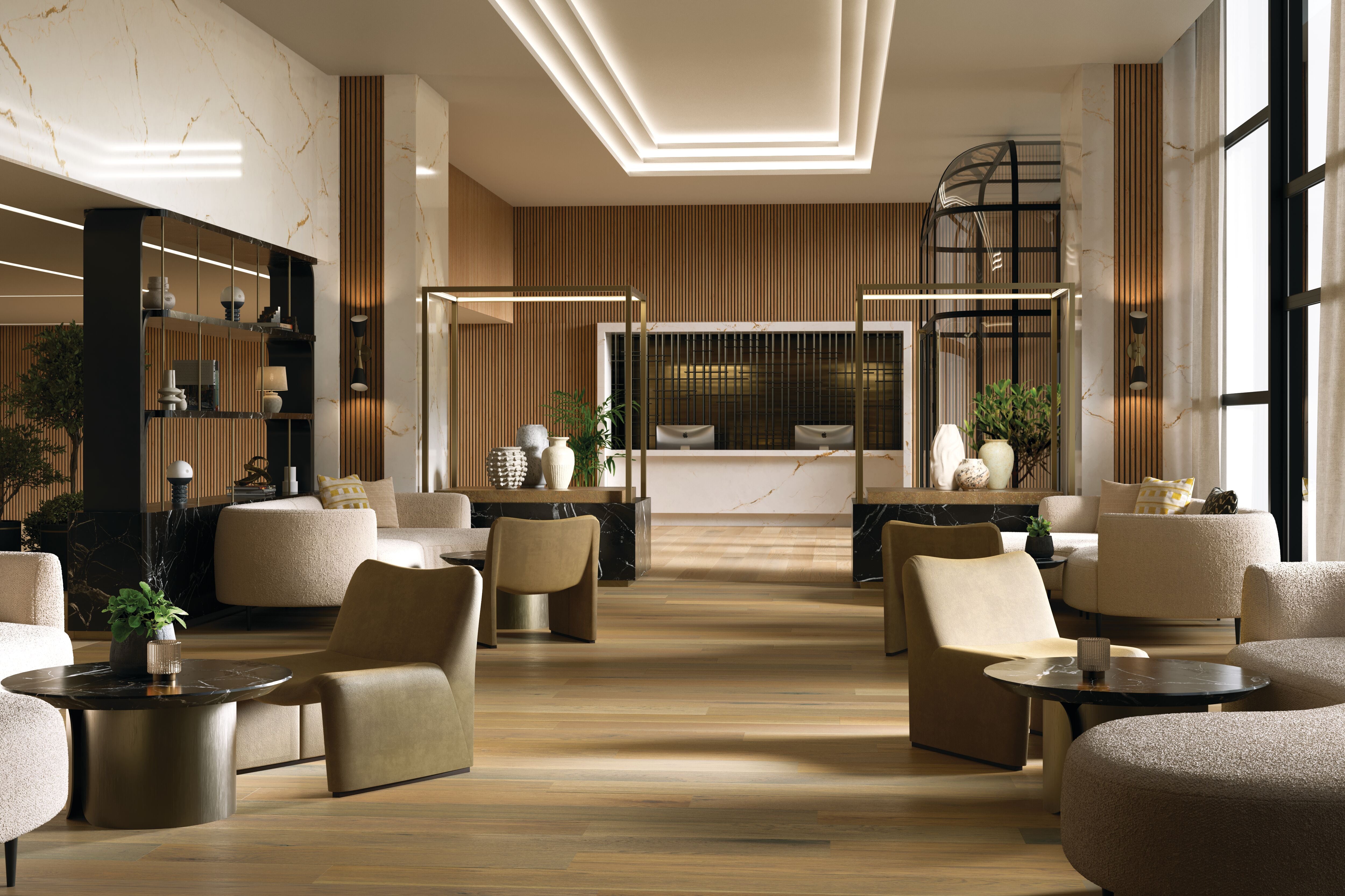 Upscale hotel lobby with cream seating and light Windy Beach planks in a mixed-tone floor from Armstrong hardwood, EK7CP483W.
