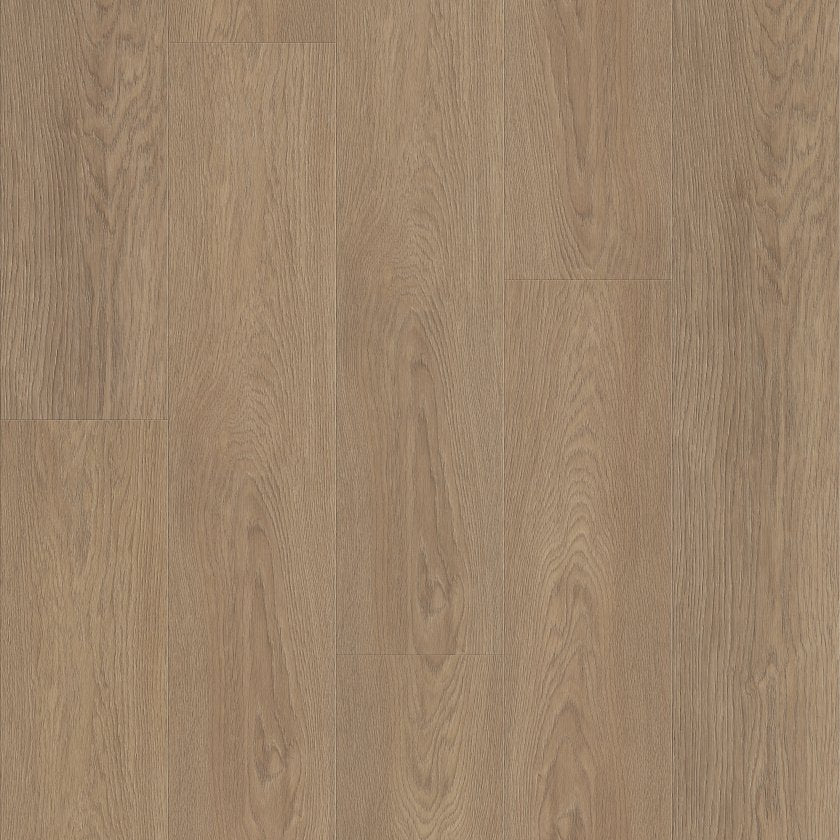 Muted taupe-brown planks stretch through this Wingback Brown Shaw Fresh Take 3415V-07302. It combines pronounced wood-grain loops with quieter straight lines, and its 9-by-59-inch boards show gentle shade changes around the floor.