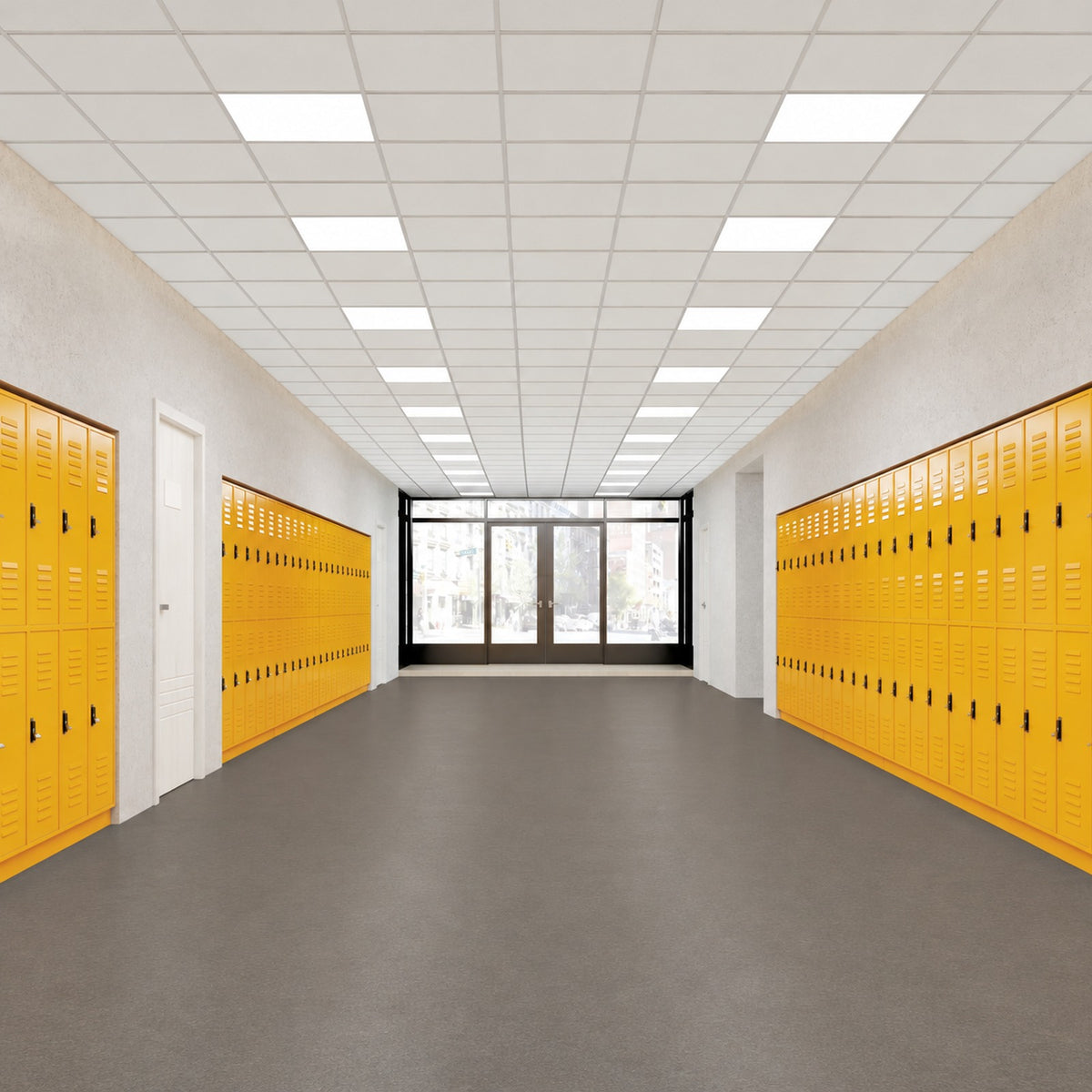Armstrong Medintone Warm Cocoa sheet vinyl, a dark warm taupe, running the length of a school hallway lined with orange lockers toward glass entry doors.