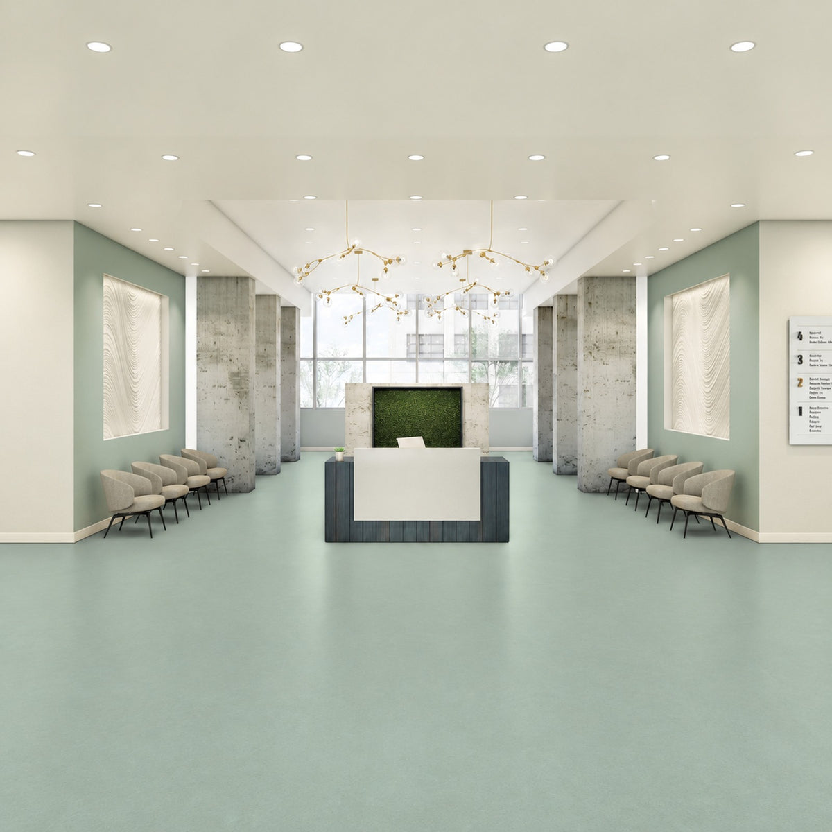 Armstrong Medintone Cedar sheet vinyl, a soft sage green with light mottling, in a lobby with a central reception desk and rows of waiting chairs.