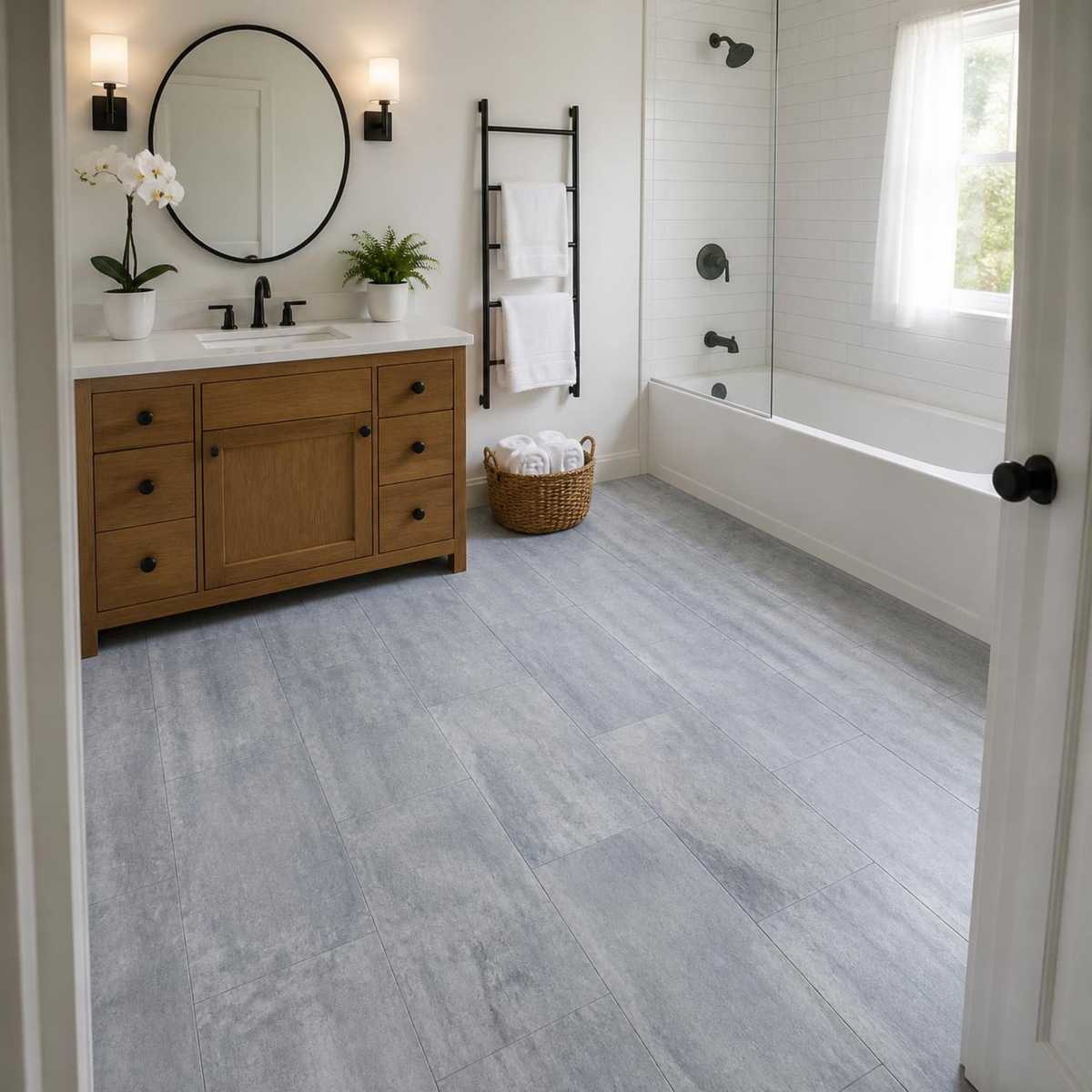 Bathroom with a wood vanity, round black-framed mirror with wall sconces, a black towel ladder, a wicker basket, and a tub with a glass shower screen over Armstrong Alterna Artisan Forge Twilight Fog D7190 12x24 vinyl tile flooring.