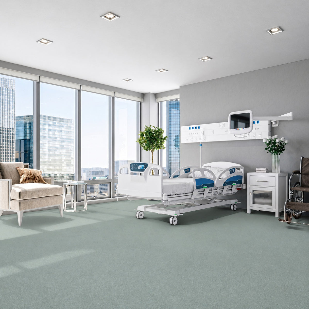 Armstrong Medintone Healing Sage sheet vinyl, a soft seafoam green, in a hospital patient room with a medical bed, visitor armchair and city-view windows.
