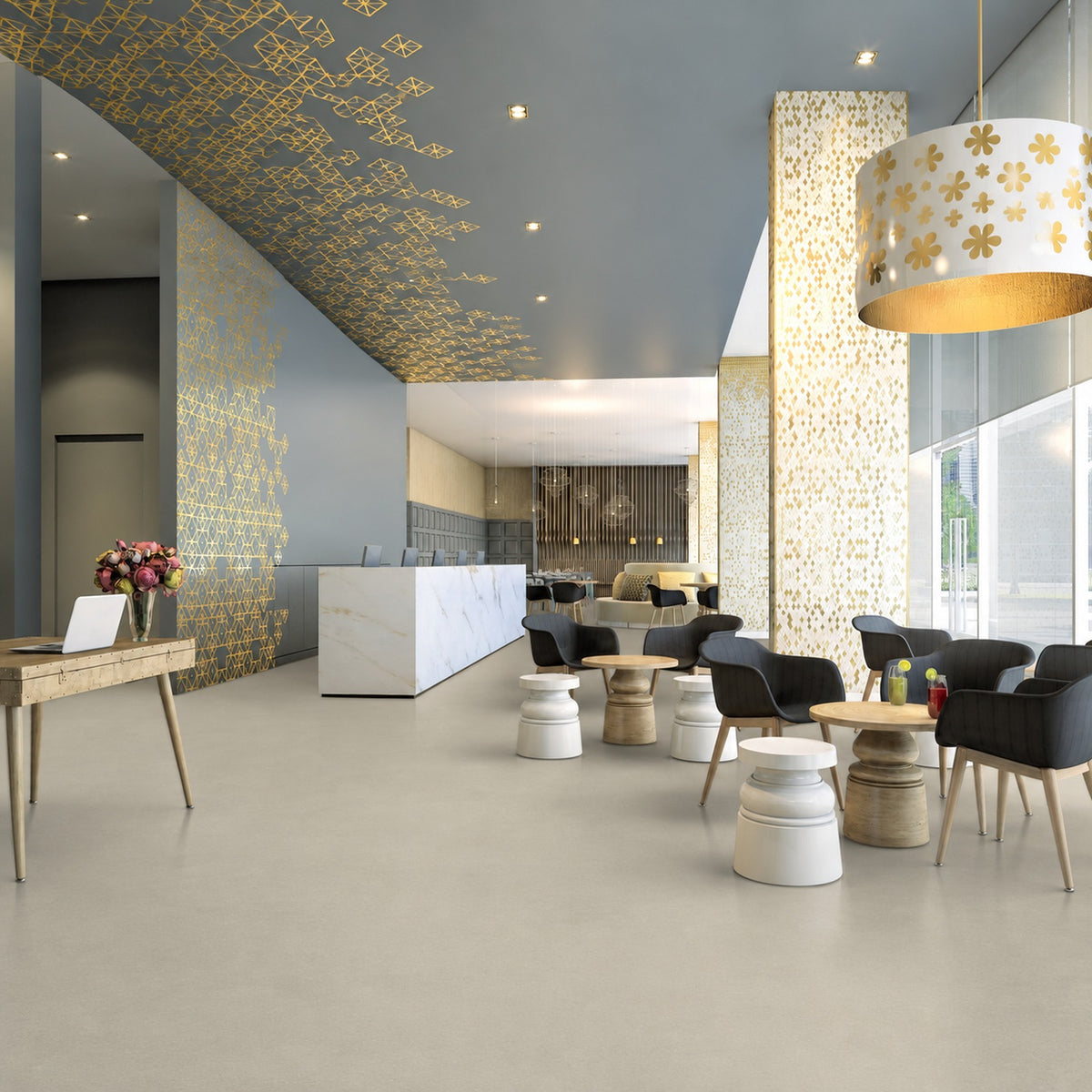 Armstrong Medintone Moonlight sheet vinyl, a soft stone beige, in a lobby with a marble reception counter and café tables with black chairs.