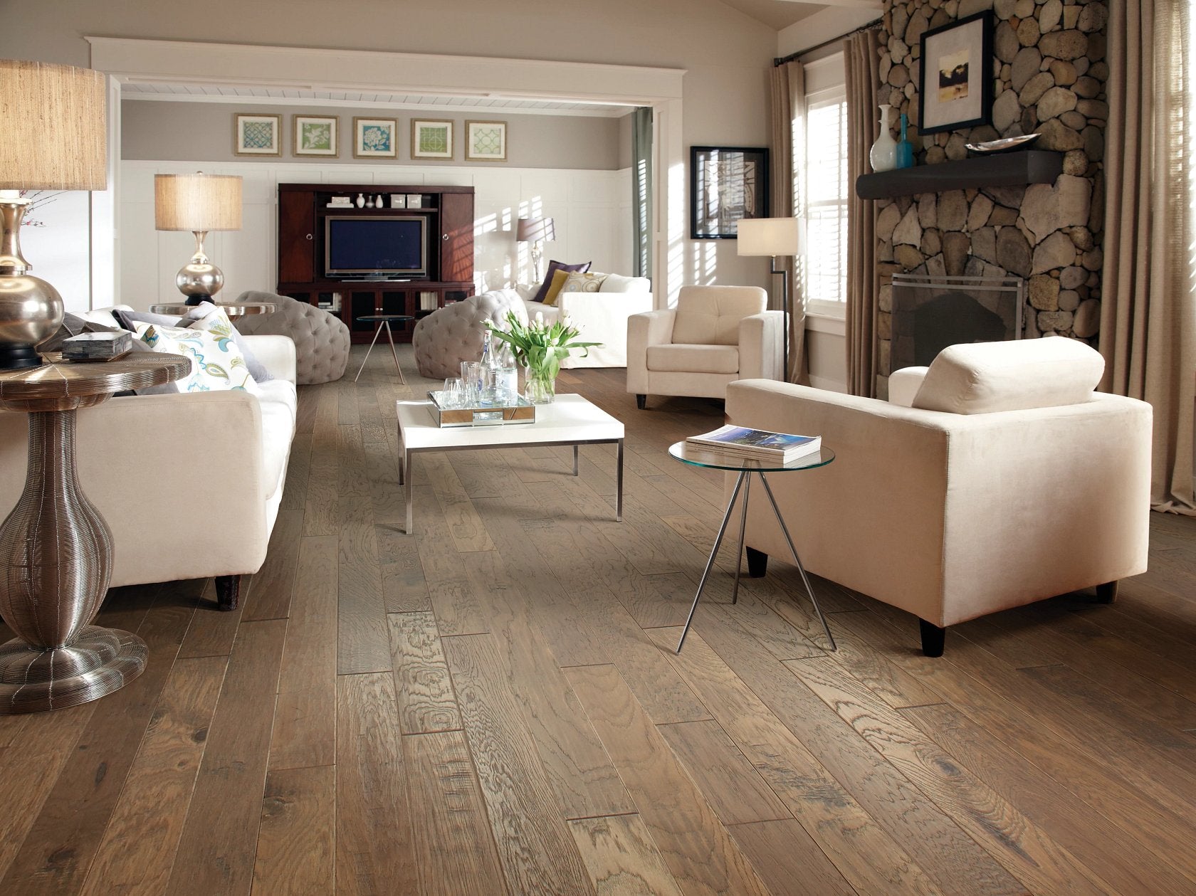 Shaw Pebble Hill Hickory 5 Pacific Crest engineered hardwood flooring photographed in a living room, pairing natural wood hardwood with the furniture layout.