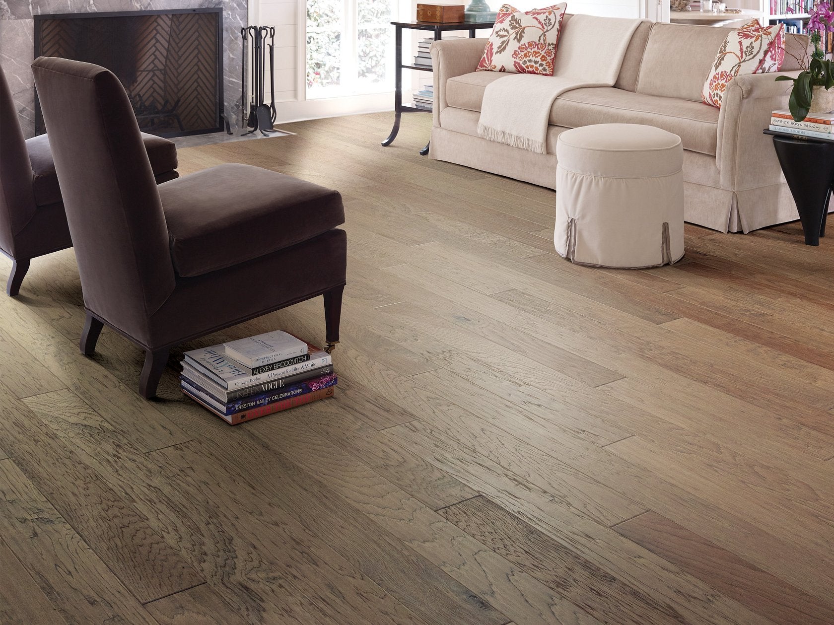 Shaw Pebble Hill Hickory 5 Rattan engineered hardwood flooring in a living room, where natural wood wood tones sit naturally with the furniture layout.