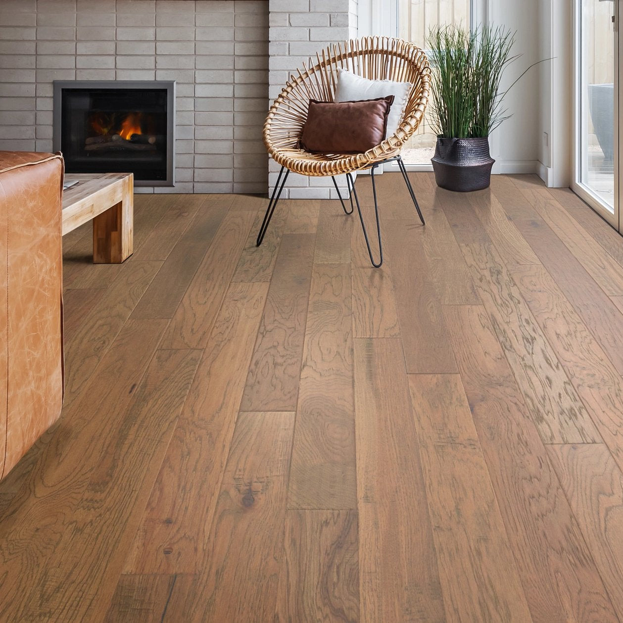 Shaw Arbor Place Trellis engineered hardwood flooring shown across a living room, highlighting a natural wood hardwood look.