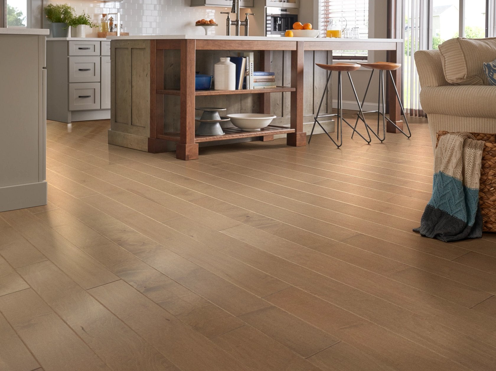 Shaw Crescent Beach from the Ocala engineered hardwood flooring in a living room, with wood-toned color giving the room a soft finished look.