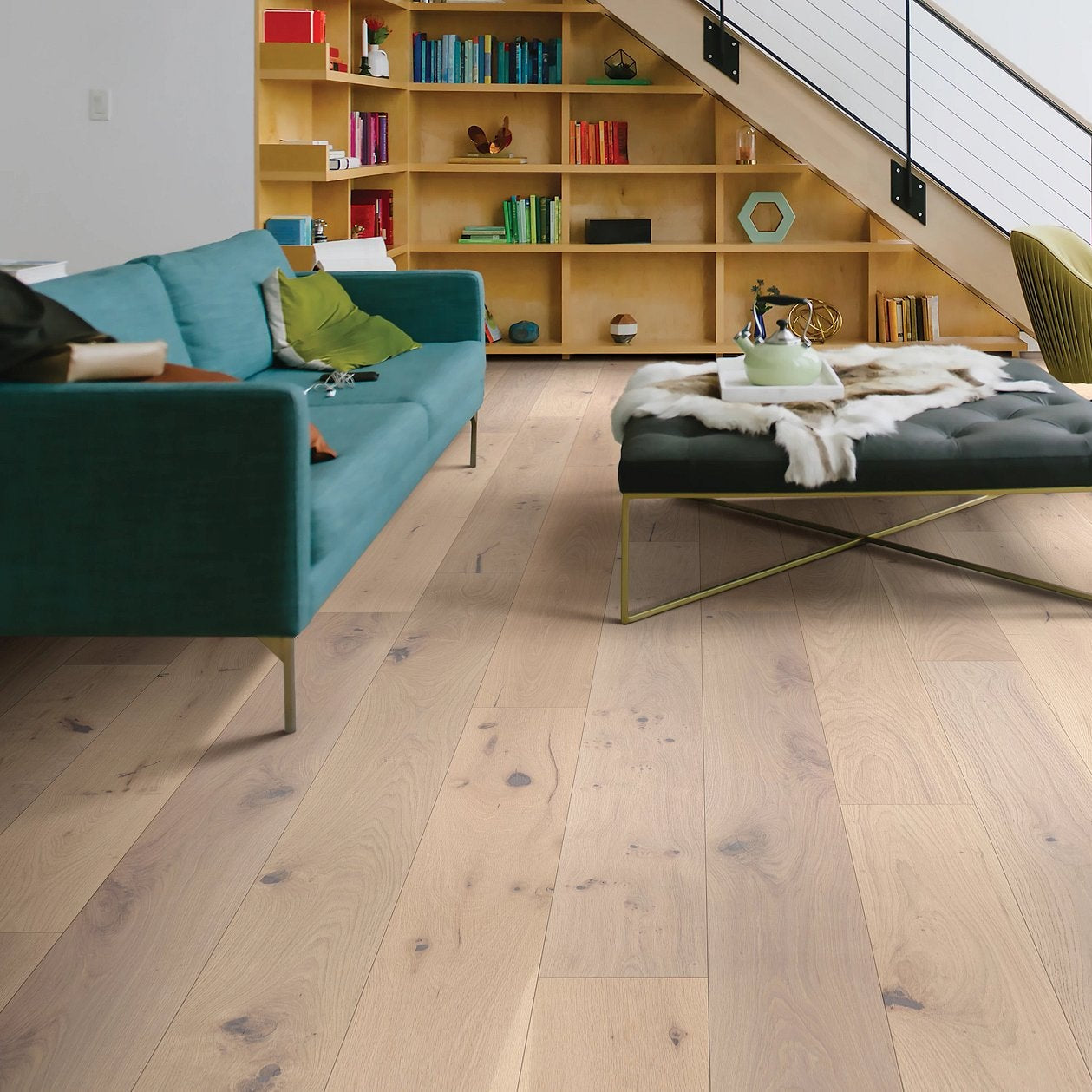 Shaw Expressions Silk engineered hardwood flooring gives this bedroom a calm look, with natural wood color around the bed.