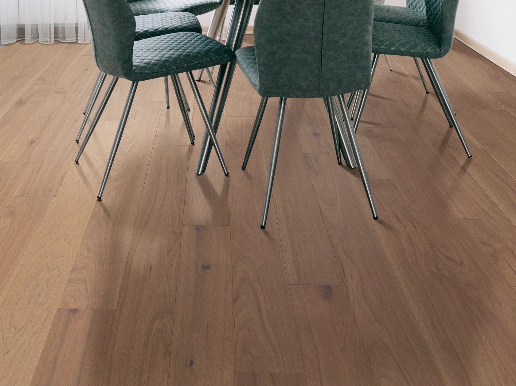 Shaw Sanctuary Hickory Quietude engineered hardwood flooring gives this living room a polished look, with natural wood color around the furniture layout.
