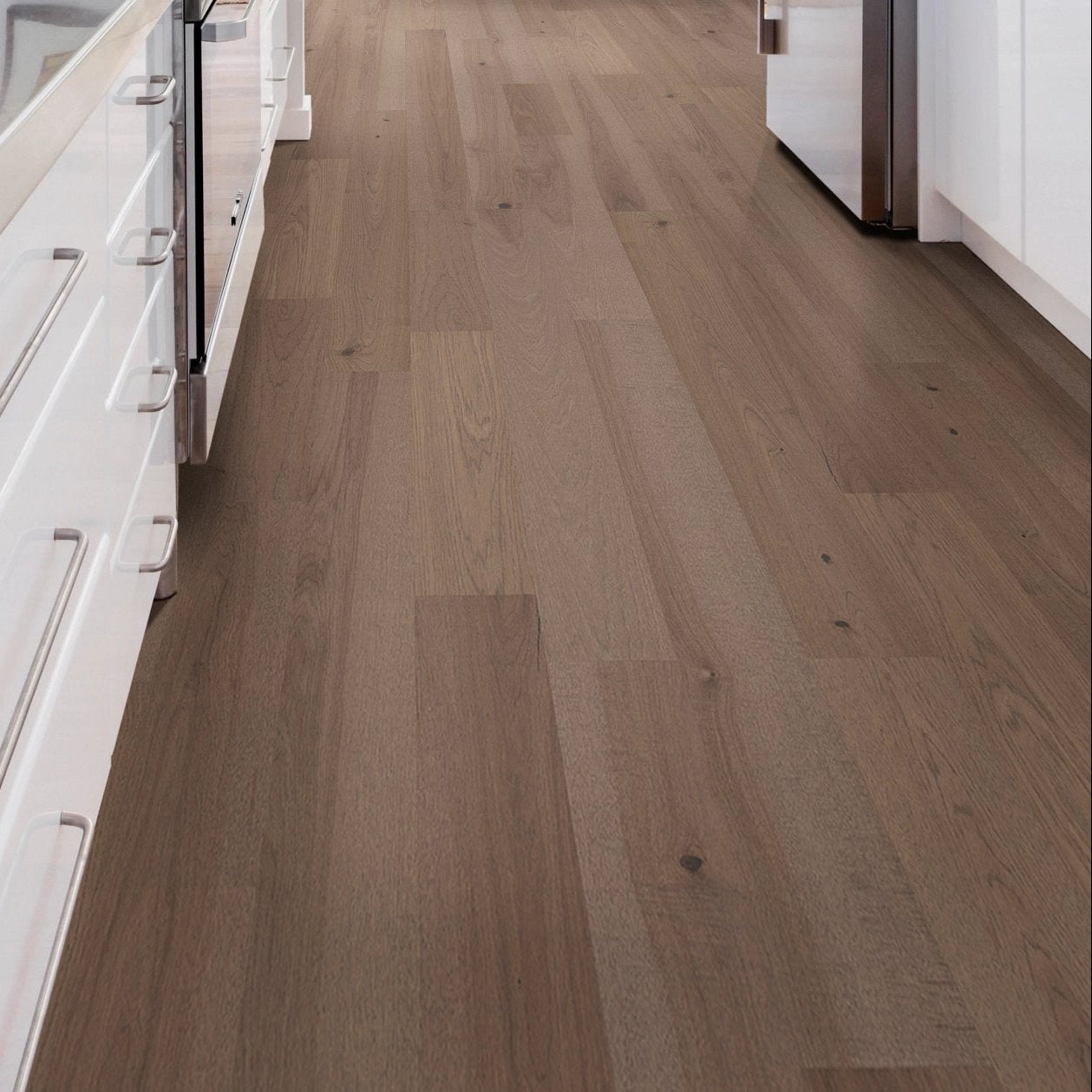 Living room view of Shaw Exploration Hickory Delta engineered hardwood flooring, showing natural wood hardwood color near the furniture layout.