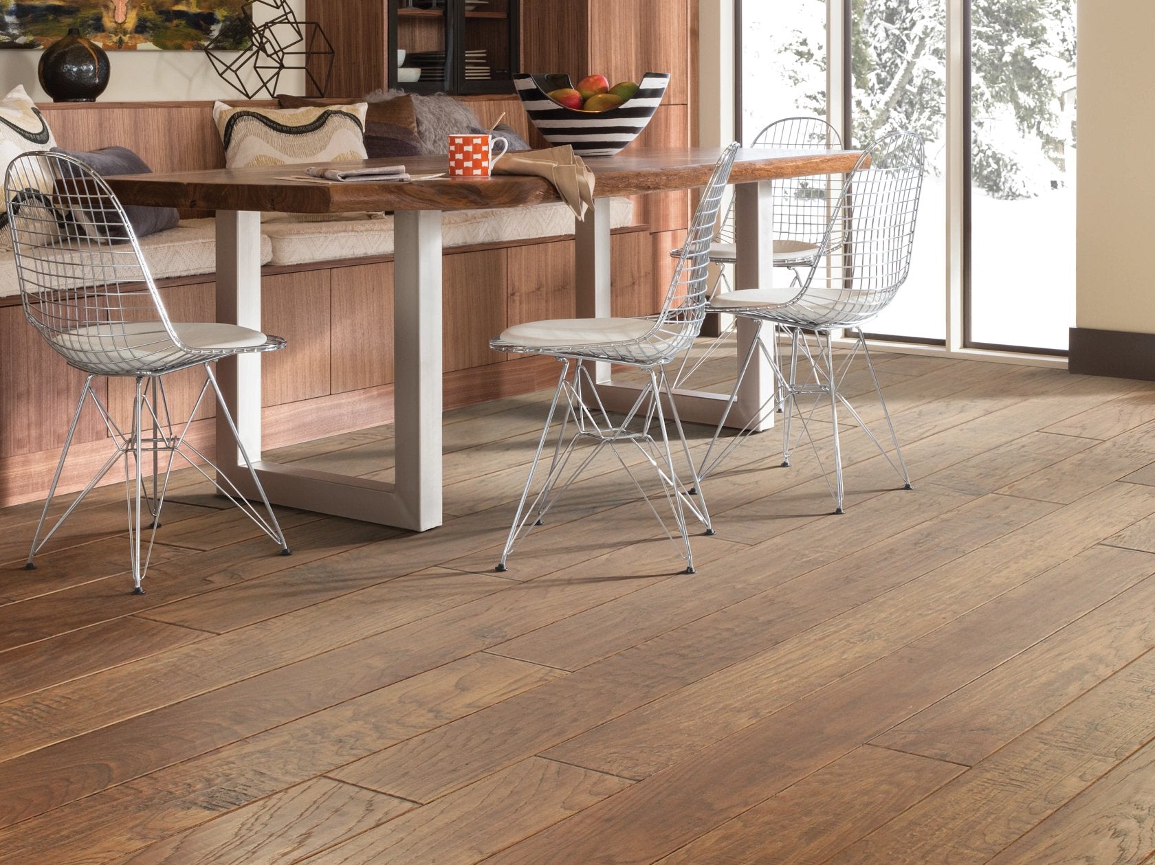 Shaw Pebble Hill 6 3/8 Warm Sunset engineered hardwood flooring in a kitchen, where natural wood wood tones sit naturally with cabinetry.