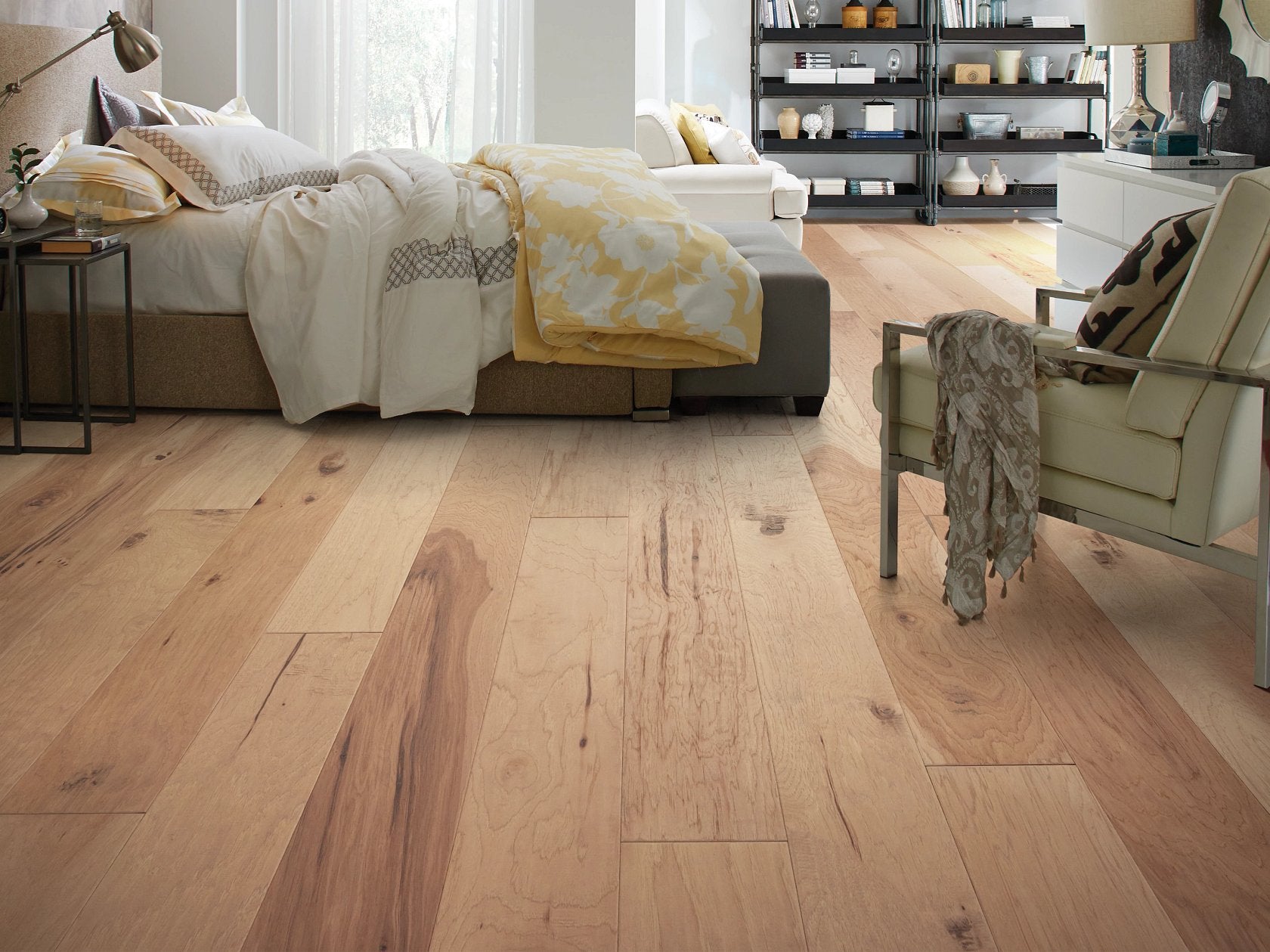 Shaw Pebble Hill 6 3/8 Linen engineered hardwood flooring photographed in a living room, pairing light neutral hardwood with sofa seating and the open floor area.