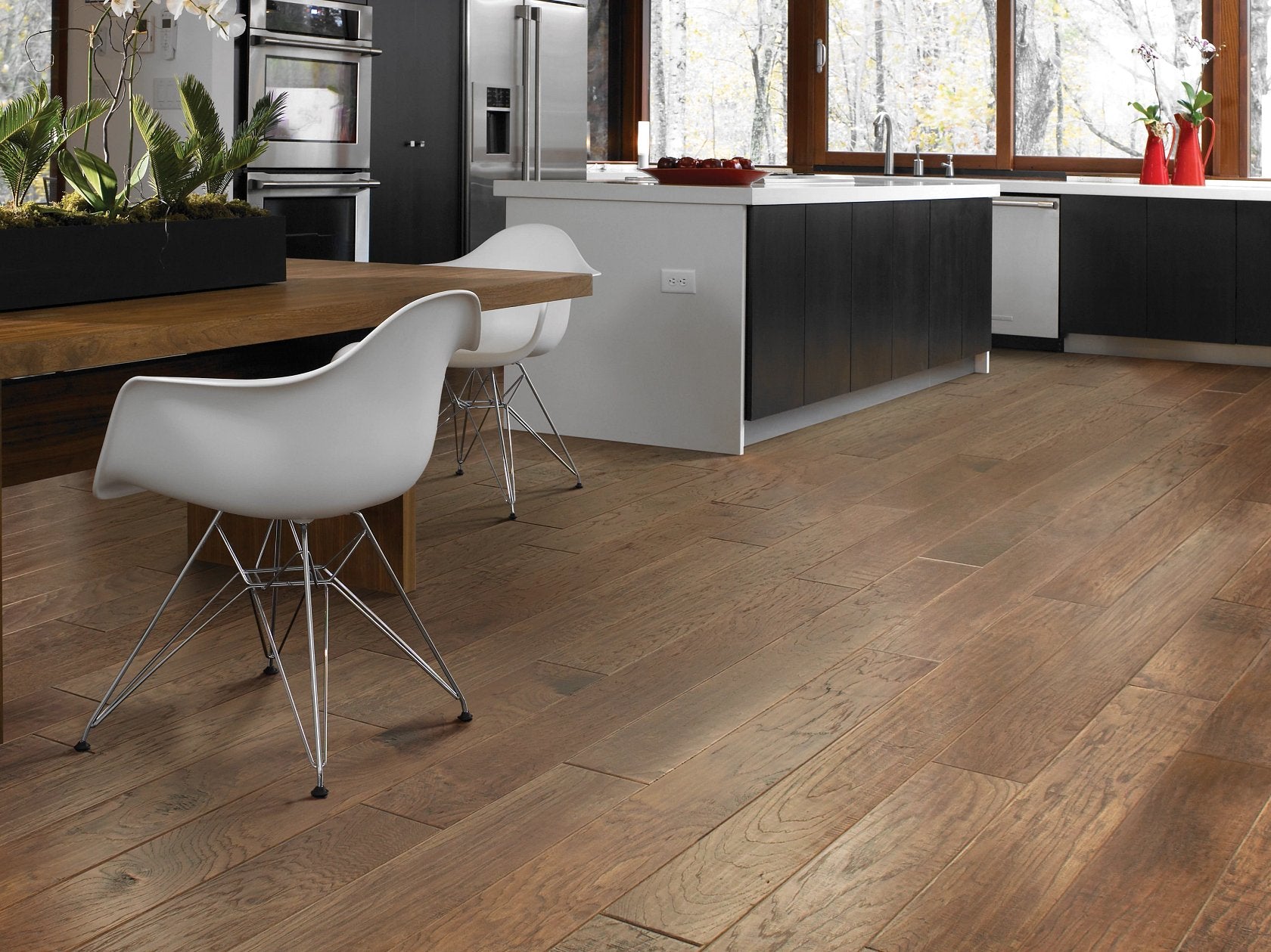 Shaw Pebble Hill 6 3/8 Pacific Crest engineered hardwood flooring shown across a living room, highlighting a natural wood hardwood look.