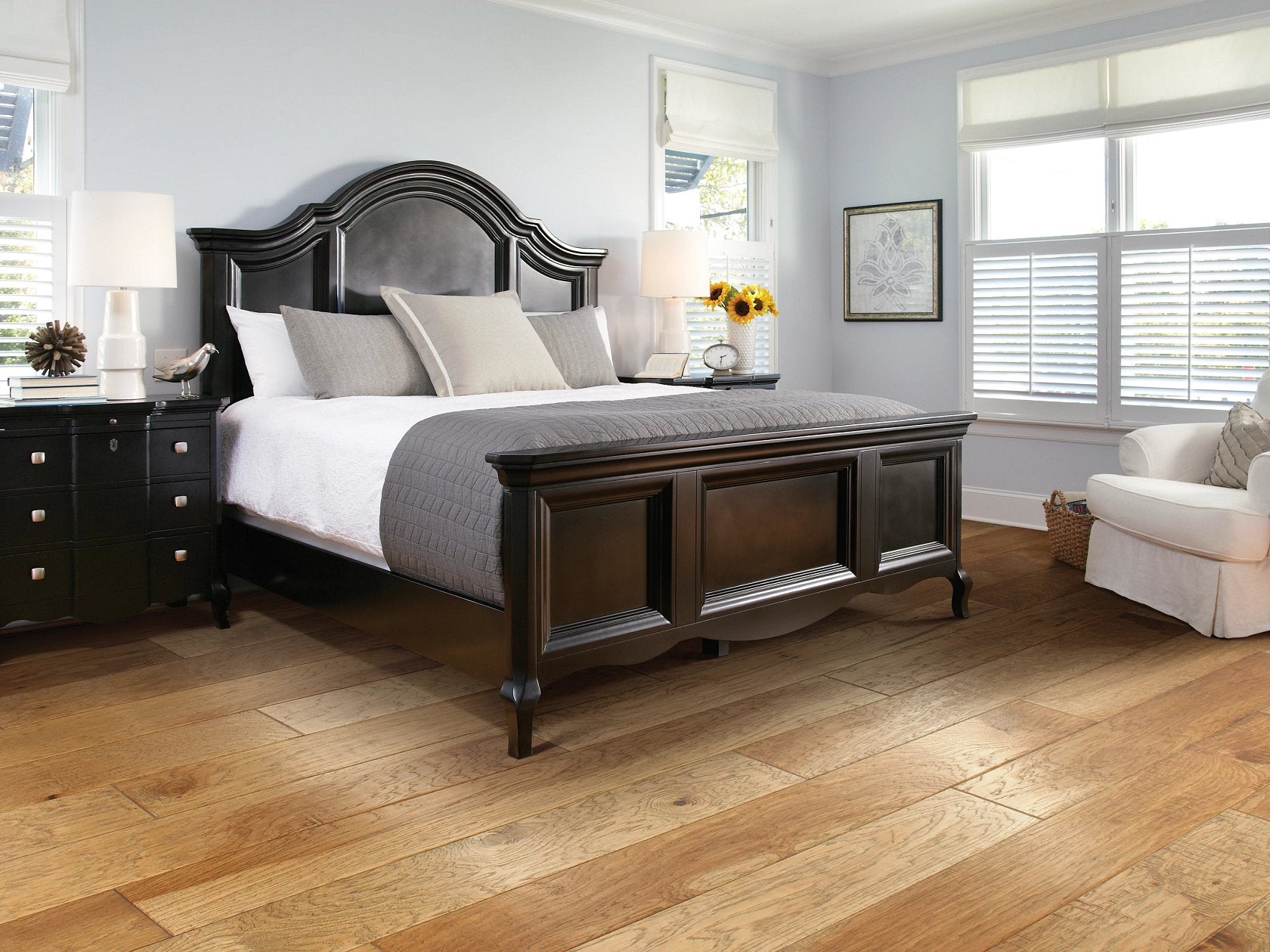 Shaw Pebble Hill 6 3/8 Bravo engineered hardwood flooring in a living room, with natural wood color giving the room a soft finished look.