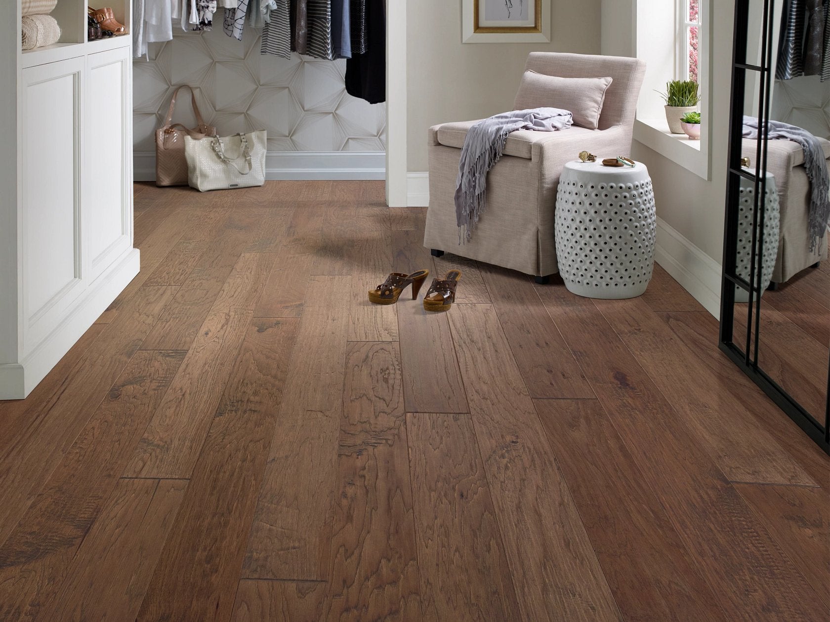Shaw Pebble Hill 6 3/8 Rattan engineered hardwood flooring photographed in a living room, pairing natural wood hardwood with the furniture layout.